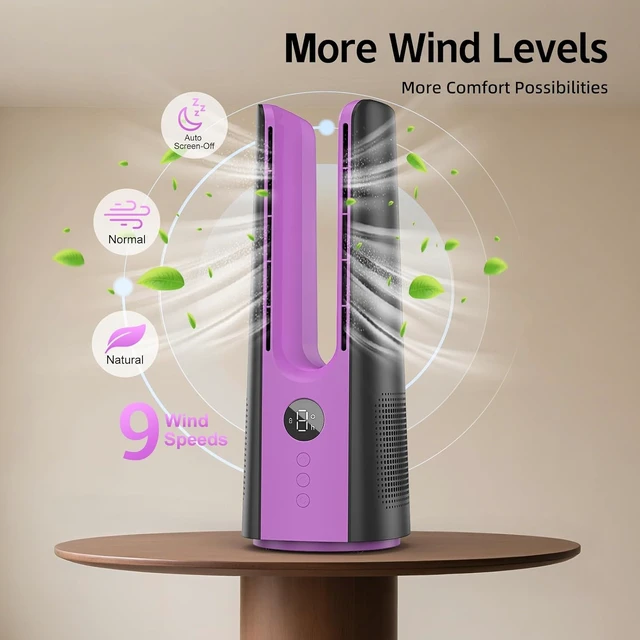 Alt view image 3 of 7 - KONSIDEN Desk Fan, 13 Inch Portable Bladeless Fan, Small Quiet Table Fan with 60°Oscillating, 9 Speeds & 9H Timer, LED Display, Button Control, Easy to Clean, Personal Desktop Fan for Bedroom, Office