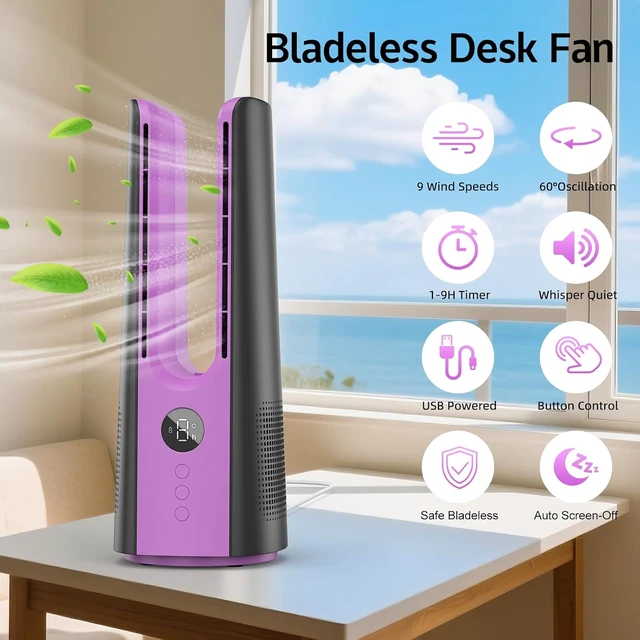 Alt view image 2 of 7 - KONSIDEN Desk Fan, 13 Inch Portable Bladeless Fan, Small Quiet Table Fan with 60°Oscillating, 9 Speeds & 9H Timer, LED Display, Button Control, Easy to Clean, Personal Desktop Fan for Bedroom, Office