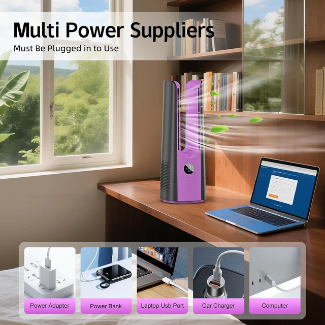 Alt view image 7 of 7 - KONSIDEN Desk Fan, 13 Inch Portable Bladeless Fan, Small Quiet Table Fan with 60°Oscillating, 9 Speeds & 9H Timer, LED Display, Button Control, Easy to Clean, Personal Desktop Fan for Bedroom, Office
