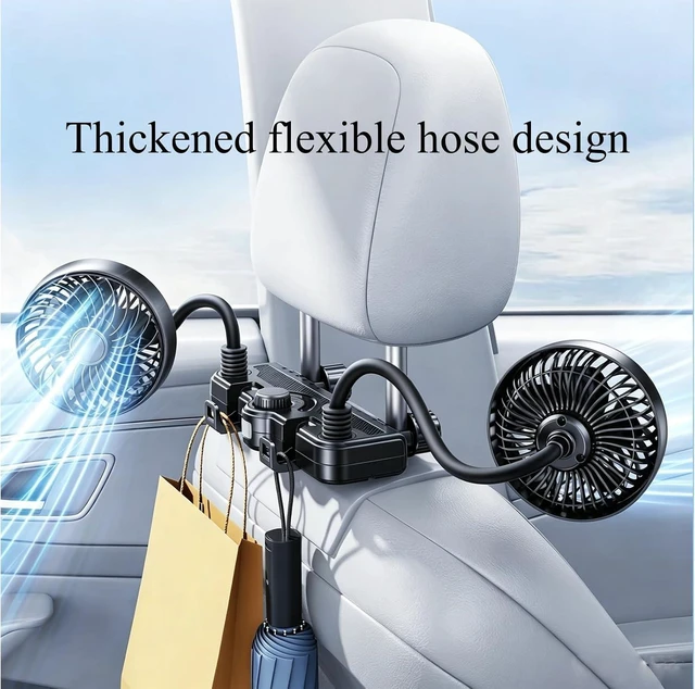 Alt view image 5 of 7 - 3000mAh Rechargeable Car Seat Fan, Dual Head 360° Flexible Headrest Fan for Car Backseat, Quiet USB Vehicle Cooling Fan with Storage Hooks for Rear Facing, Pets, SUV