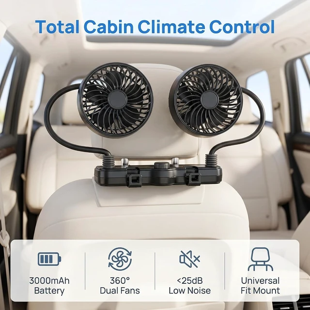 Alt view image 6 of 7 - 3000mAh Rechargeable Car Seat Fan, Dual Head 360° Flexible Headrest Fan for Car Backseat, Quiet USB Vehicle Cooling Fan with Storage Hooks for Rear Facing, Pets, SUV