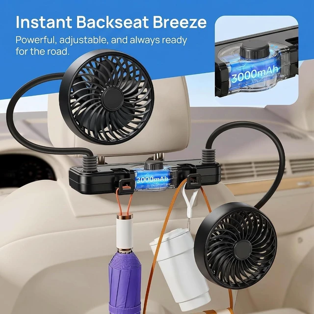 Alt view image 7 of 7 - 3000mAh Rechargeable Car Seat Fan, Dual Head 360° Flexible Headrest Fan for Car Backseat, Quiet USB Vehicle Cooling Fan with Storage Hooks for Rear Facing, Pets, SUV