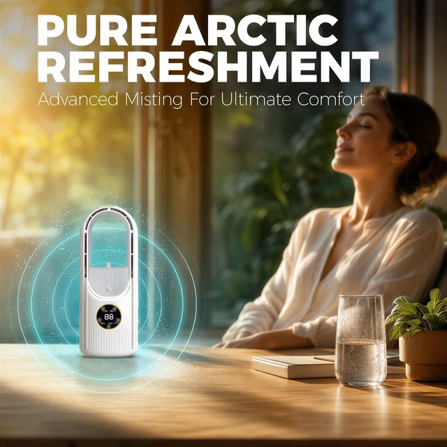 Alt view image 4 of 5 - Bladeless Desk Fan with Misting, USB Rechargeable, 4.1 x 4.5 x 11.7 in