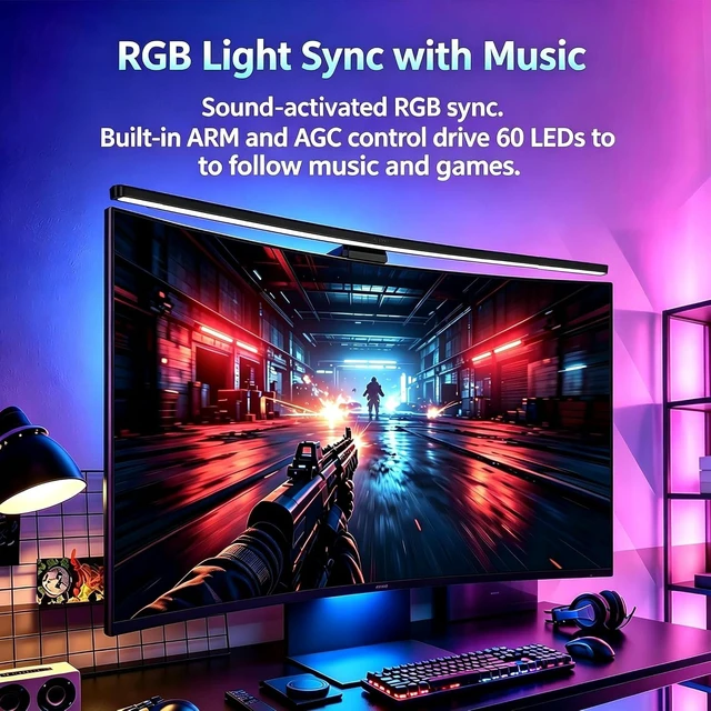 Alt view image 3 of 7 - Flat Monitor Light Bar, USB RGB Clipon EyeCaring Gaming Screen Lamp