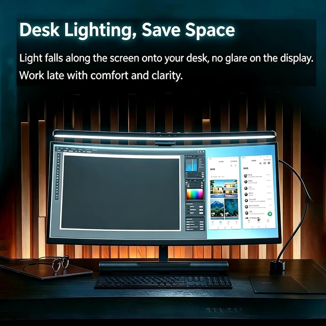Alt view image 2 of 7 - Flat Monitor Light Bar, USB RGB Clipon EyeCaring Gaming Screen Lamp