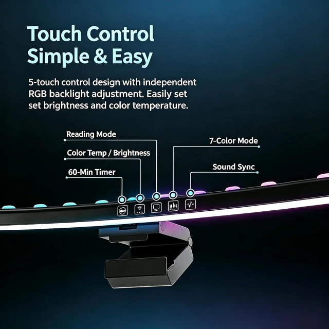 Alt view image 7 of 7 - Flat Monitor Light Bar, USB RGB Clipon EyeCaring Gaming Screen Lamp