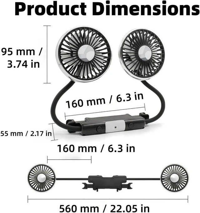Alt view image 7 of 7 - Car Fan for Back Seat for BYD Song Plus,3-Speed USB Car Fan,360° Rotatable Dual Head Cooling Car Seat Fan,Quiet Brushless Motor,Air Circulation for Vehicle