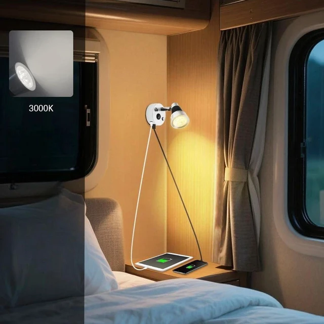 Alt view image 2 of 7 - 12V RV Reading Light with USB-A and Type-C Charging, 3W LED Interior Wall Lamp for Camper Travel Trailer Boat