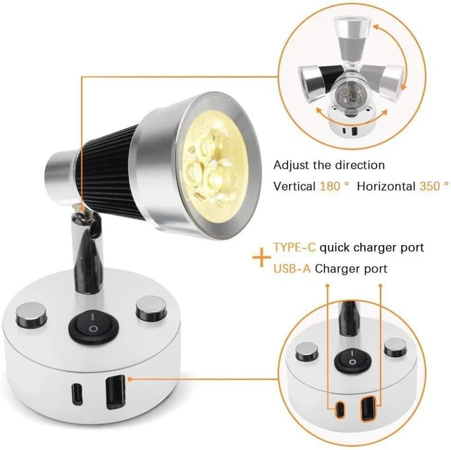 Alt view image 3 of 7 - 12V RV Reading Light with USB-A and Type-C Charging, 3W LED Interior Wall Lamp for Camper Travel Trailer Boat