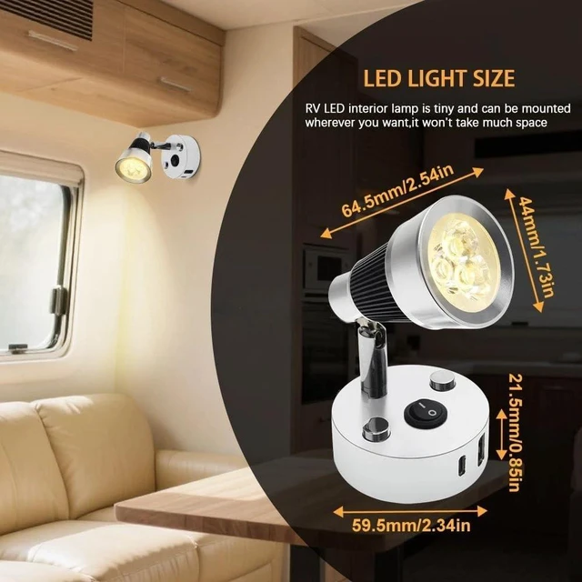 Alt view image 7 of 7 - 12V RV Reading Light with USB-A and Type-C Charging, 3W LED Interior Wall Lamp for Camper Travel Trailer Boat