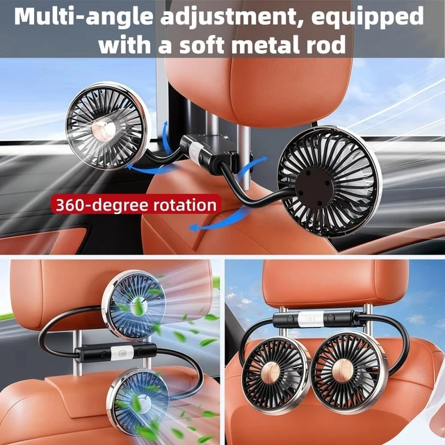 Alt view image 2 of 7 - Car Fan for Back Seat for Infiniti QX80 2014-2020 2021 2022 2023 2024,3-Speed USB Car Fan,360° Rotatable Dual Head Cooling Car Seat Fan,Quiet Brushless Motor,Air Circulation for Vehicle