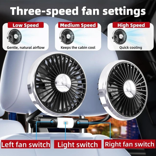 Alt view image 3 of 7 - Car Fan for Back Seat for Infiniti QX80 2014-2020 2021 2022 2023 2024,3-Speed USB Car Fan,360° Rotatable Dual Head Cooling Car Seat Fan,Quiet Brushless Motor,Air Circulation for Vehicle