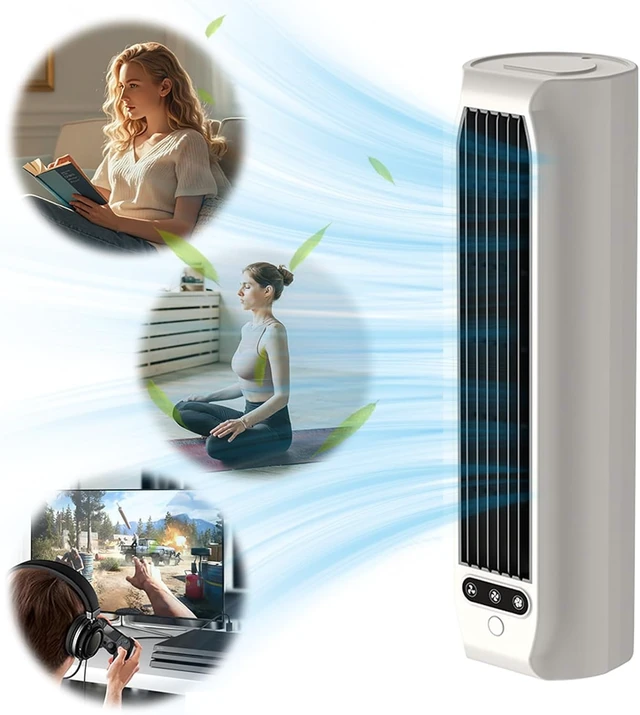Alt view image 2 of 7 - Portable Tower Fan USB Rechargeable Air Cooler with 3 Speeds & LED Touch