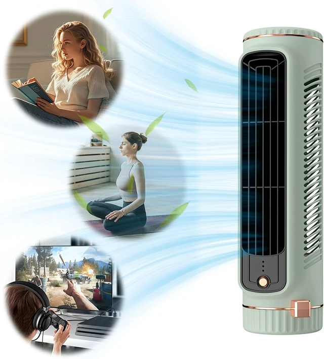 Alt view image 2 of 7 - Portable Tower Fan with 3 Speeds - Rechargeable USB Desktop Cooler (Green)