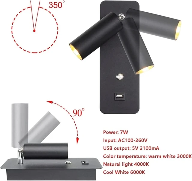 Alt view image 6 of 7 - Wall, LED Bedside Reading Light, Rotatable Indoor Spotlight, Wall Lamp with USB Charging Port, Push Button Switch, 7W Wall Mounted Light for Bedroom Living Room Hotel Hallway