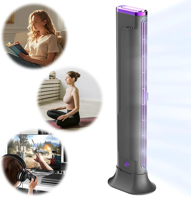 Alt view image 2 of 7 - USB Charging Bladeless Tower Fan (Purple) Portable Desktop Silent, Low