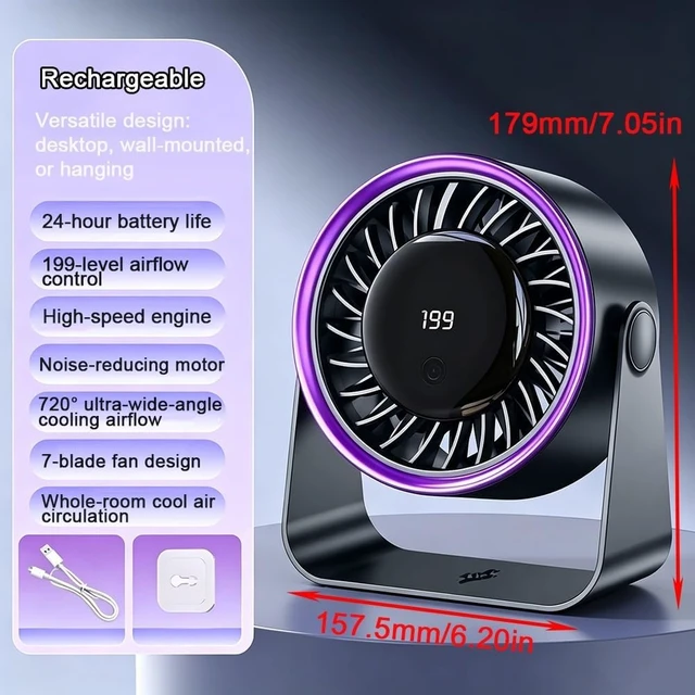 Alt view image 2 of 7 - Quiet Small Desk Fan - USB Fast Charging Portable Fan for Home, Wall-Mountable, Digital Speed Display, Ideal for Outdoor Camping and Indoor Use