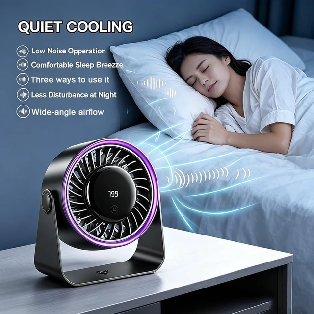 Alt view image 7 of 7 - Quiet Small Desk Fan - USB Fast Charging Portable Fan for Home, Wall-Mountable, Digital Speed Display, Ideal for Outdoor Camping and Indoor Use