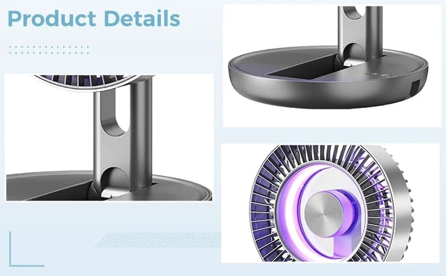Alt view image 3 of 6 - USB Desk Fan with Colorful LED Light, Portable Rechargeable Collapsible Blower with 1800 mAh Battery, 5 Speeds Adjustable Fan, 3D Air Circulation Quiet Personal Cooling for Office Home Dorm Camping
