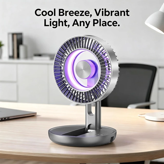 Alt view image 2 of 6 - USB Desk Fan with Colorful LED Light, Portable Rechargeable Collapsible Blower with 1800 mAh Battery, 5 Speeds Adjustable Fan, 3D Air Circulation Quiet Personal Cooling for Office Home Dorm Camping