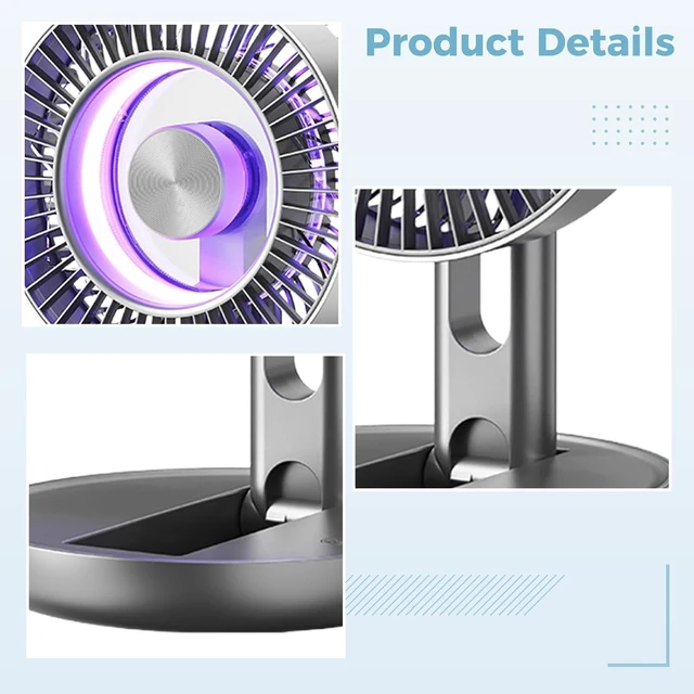 Alt view image 5 of 6 - USB Desk Fan with Colorful LED Light, Portable Rechargeable Collapsible Blower with 1800 mAh Battery, 5 Speeds Adjustable Fan, 3D Air Circulation Quiet Personal Cooling for Office Home Dorm Camping