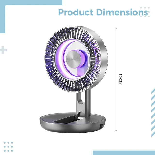 Alt view image 4 of 6 - USB Desk Fan with Colorful LED Light, Portable Rechargeable Collapsible Blower with 1800 mAh Battery, 5 Speeds Adjustable Fan, 3D Air Circulation Quiet Personal Cooling for Office Home Dorm Camping