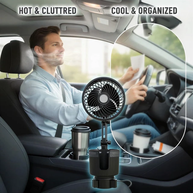 Alt view image 2 of 5 - 2-in-1 Car Cooling Fan, 6 in / 15.2 cm USB Powered with Cup Holder, Telescopic Rotating Mount with Adjustable Base, 5V Universal Vehicle Fan for Cars, Trucks, SUVs