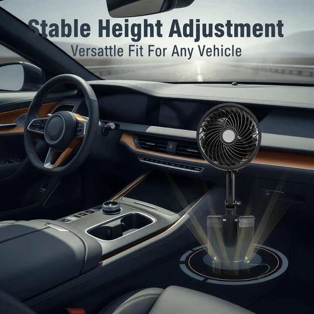 Alt view image 4 of 5 - Car Cooling Fan, 2 in 1 6 in / 15.2 cm USB Powered with Cup Holder, Telescopic Rotating Mount, Adjustable Base, 5V Universal Vehicle Fan for Cars, Trucks, SUVs, Road Trips and Daily Driving