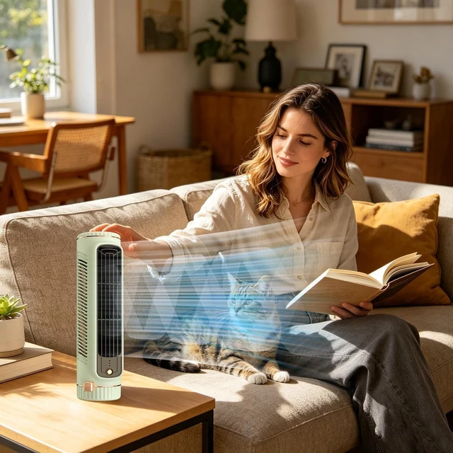 Alt view image 2 of 7 - Bladeless Tower Fan - 3 Speed Usb Rechargeable Silent Desktop Air Circulator For Home, Bedroom, Dorm, Apartment - Compact Cooling Solution Green