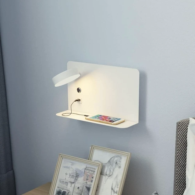 Alt view image 4 of 5 - Bedside LED Wall Light with USB Port and Switch, 7W Modern Rotation Reading Lights White Aluminum Wall Lamp with Shelf for Bedroom Living Room Study Room Office and Hotel 3000K Warm White,B