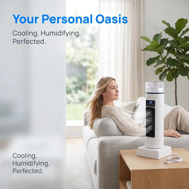 Alt view image 2 of 7 - Usb Tower Fan Bladeless, 6 Speeds Quiet Cooling Fan With 100ml Water Tank, Touch Control & Oscillation, Portable Desk Fan For Office Bedroom Tent