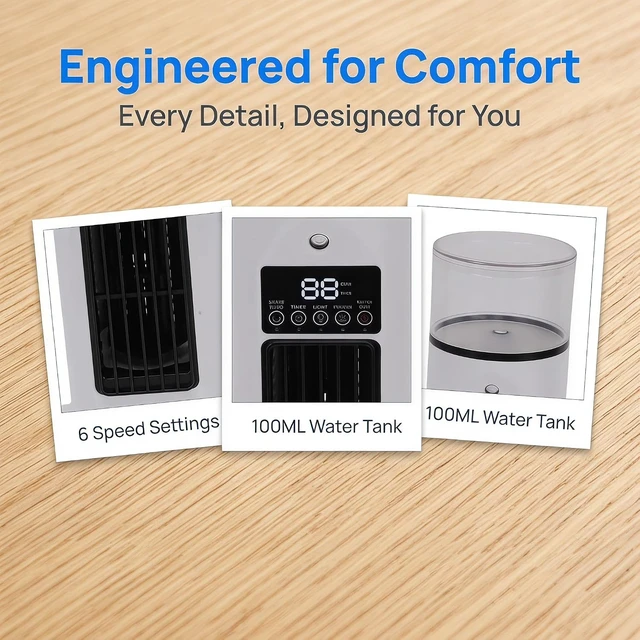 Alt view image 3 of 7 - Usb Tower Fan Bladeless, 6 Speeds Quiet Cooling Fan With 100ml Water Tank, Touch Control & Oscillation, Portable Desk Fan For Office Bedroom Tent