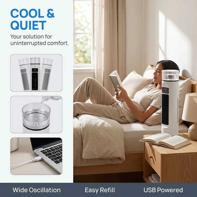Alt view image 5 of 7 - Usb Tower Fan Bladeless, 6 Speeds Quiet Cooling Fan With 100ml Water Tank, Touch Control & Oscillation, Portable Desk Fan For Office Bedroom Tent