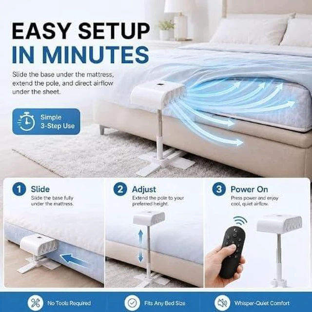 Alt view image 5 of 7 - Breezel Sleep Bed Fan For Hot Sleepers, Under Sheet Bed Cooling Fan, Usb Rechargeable, Remote Control, 5-speed Silent Airflow, Abs Material