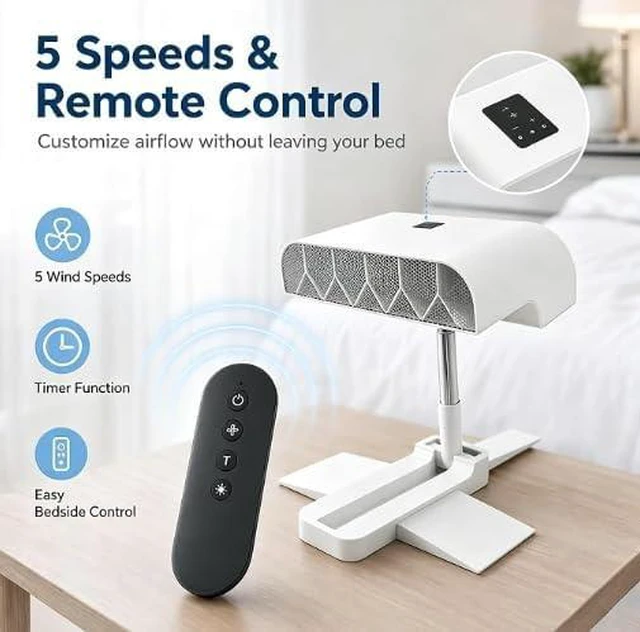 Alt view image 6 of 7 - Breezel Sleep Bed Fan For Hot Sleepers, Under Sheet Bed Cooling Fan, Usb Rechargeable, Remote Control, 5-speed Silent Airflow, Abs Material