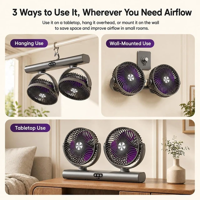 Alt view image 2 of 7 - Dual Head Oscillating Ceiling Fan - 2-in-1 USB Desk Fan with Dual Flexible Positioning, 3-Speed Comfort Control, Perfect for Bedrooms, Offices, Apartments, and Small SpacesGrey+White