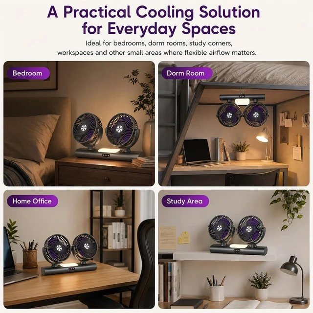 Alt view image 7 of 7 - Dual Head Oscillating Ceiling Fan - 2-in-1 USB Desk Fan with Dual Flexible Positioning, 3-Speed Comfort Control, Perfect for Bedrooms, Offices, Apartments, and Small SpacesGrey+White