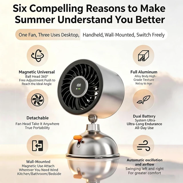 Alt view image 2 of 7 - Wall Mounted Home USB Fan, Magnetic Desktop Fan, Rechargeable Dormitory/Office Fan, 5-Speed Wind, 360° Adjustable, Detachable Fan Head, W/Digital Display, for Home, Office & Outdoor