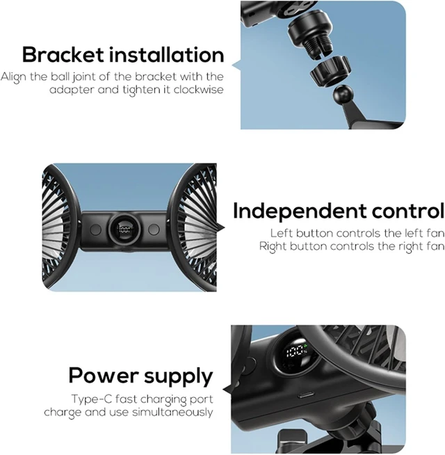 Alt view image 7 of 7 - USB Powered Car Fan 3 Speeds and 360 Degree Rotatable Dual Head Vehicle Rear Headrest Fan for Universal Cars SUV Sedan Trucks
