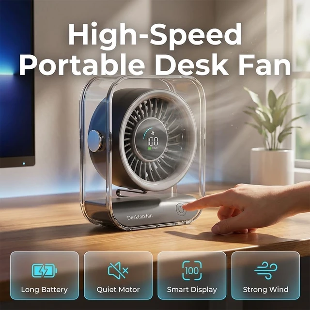 Alt view image 2 of 7 - Portable USB Desk Fan - Quiet Rechargeable Mini Fan with Adjustable Airflow & Led Display for Home, Office, Bedroom, Travel - Compact & Lightweight Design Black