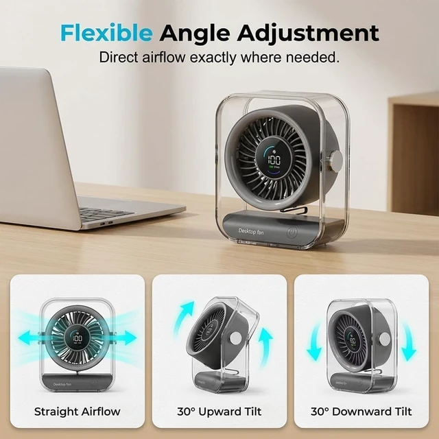 Alt view image 3 of 7 - Portable USB Desk Fan - Quiet Rechargeable Mini Fan with Adjustable Airflow & Led Display for Home, Office, Bedroom, Travel - Compact & Lightweight Design Black