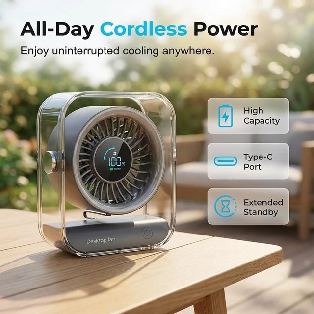 Alt view image 4 of 7 - Portable USB Desk Fan - Quiet Rechargeable Mini Fan with Adjustable Airflow & Led Display for Home, Office, Bedroom, Travel - Compact & Lightweight Design Black