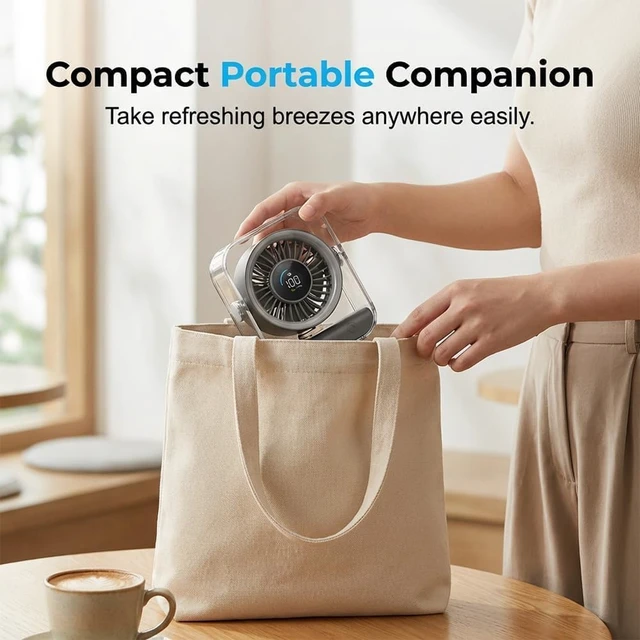 Alt view image 5 of 7 - Portable USB Desk Fan - Quiet Rechargeable Mini Fan with Adjustable Airflow & Led Display for Home, Office, Bedroom, Travel - Compact & Lightweight Design Black
