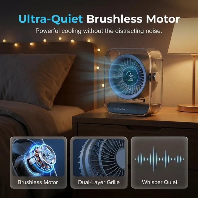 Alt view image 7 of 7 - Portable USB Desk Fan - Quiet Rechargeable Mini Fan with Adjustable Airflow & Led Display for Home, Office, Bedroom, Travel - Compact & Lightweight Design Black