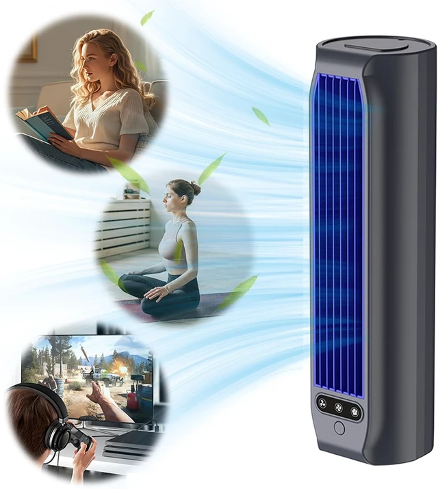 Alt view image 2 of 7 - Portable Tower Fan: Quiet USB Rechargeable Air Cooler with 3 Speeds & LED