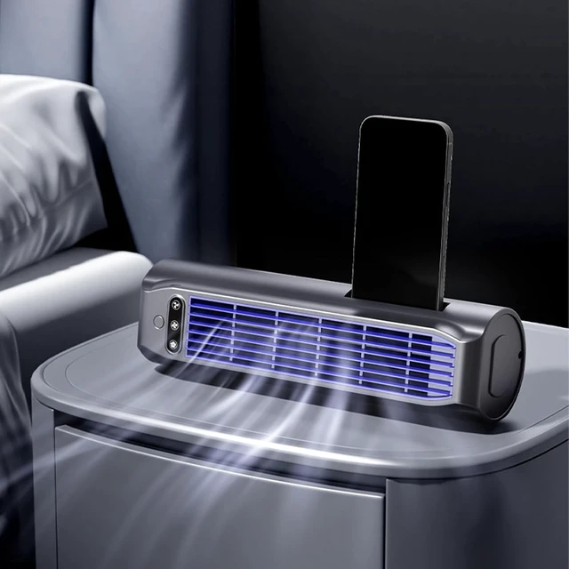 Alt view image 5 of 7 - Portable Tower Fan: Quiet USB Rechargeable Air Cooler with 3 Speeds & LED