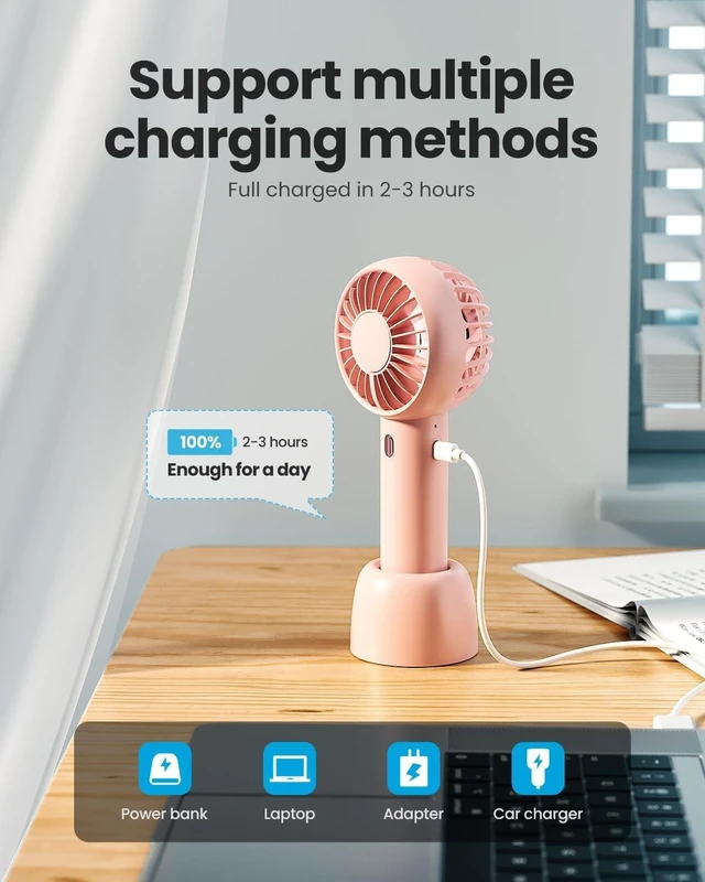 Alt view image 2 of 7 - Mini Portable Fan, Powerful Hand Fan Cute Design 3 Speed Personal Small Desk Fan With Base, Lightweight Rechargeable Usb Handheld Fan For Girl, Women, Men, Indoor, Outdoor, 15 Cm, Pink