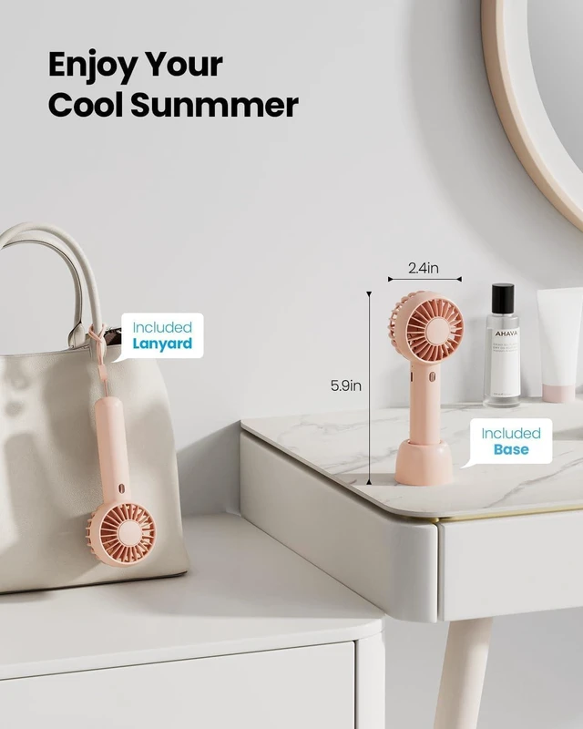 Alt view image 6 of 7 - Mini Portable Fan, Powerful Hand Fan Cute Design 3 Speed Personal Small Desk Fan With Base, Lightweight Rechargeable Usb Handheld Fan For Girl, Women, Men, Indoor, Outdoor, 15 Cm, Pink