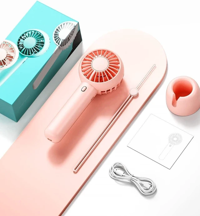 Alt view image 7 of 7 - Mini Portable Fan, Powerful Hand Fan Cute Design 3 Speed Personal Small Desk Fan With Base, Lightweight Rechargeable Usb Handheld Fan For Girl, Women, Men, Indoor, Outdoor, 15 Cm, Pink