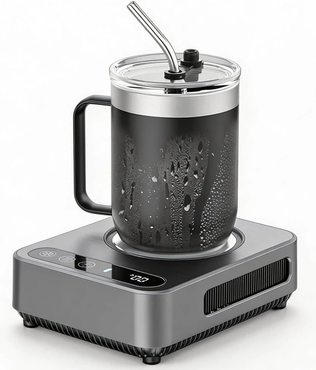 Main image of Smart Beverage Cooler Heating Coaster with Custom Aluminum Tumbler, Desktop Electric Cup Cooler Warmer with AI Temp Control & 18H Timer, Quick Cooling Plate for Desk Office Home